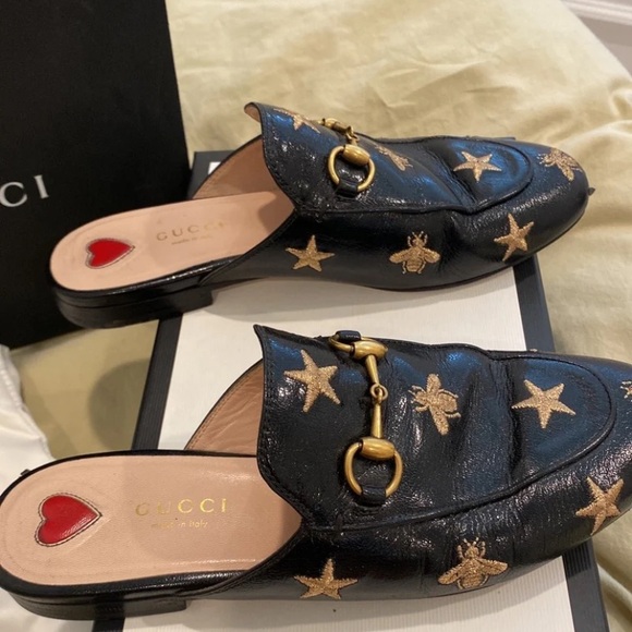 GUCCI Princetown Leather Slipper Mules Quentin Nero Bees Stars Shoes Slip Ons - Picture 9 of 10